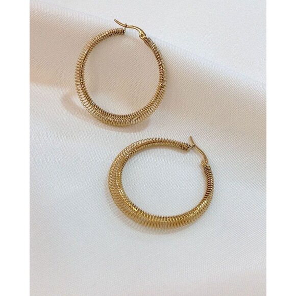 NEW Oceanus Gold Stainless Steel Hoop Earrings Coiled Wire Round Spiral Design - Picture 1 of 10